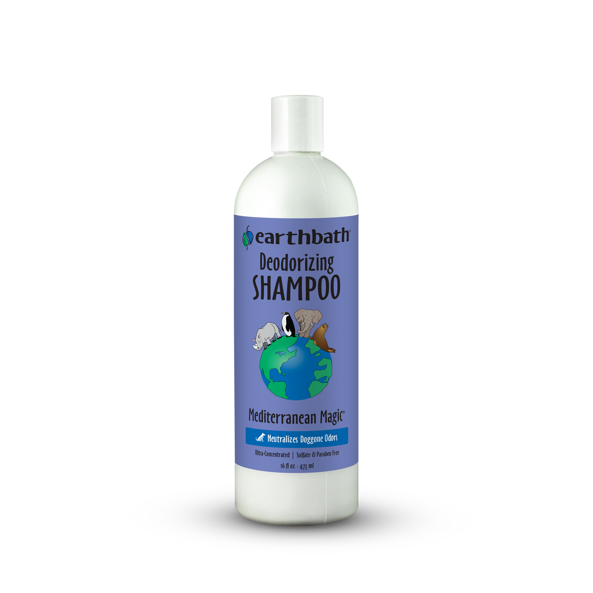 Bottle of Earthbath deodorizing shampoo on a white background