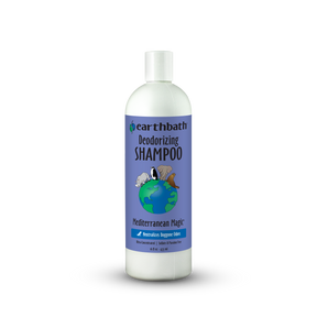 Bottle of Earthbath deodorizing shampoo on a white background