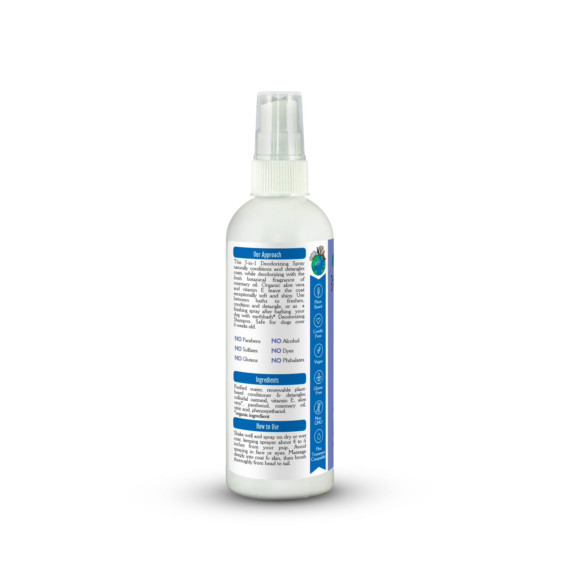 White spray bottle with blue label on a white background