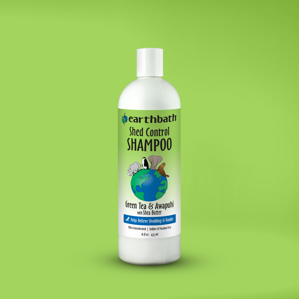 Bottle of earthbath Shed Control Shampoo on a green background
