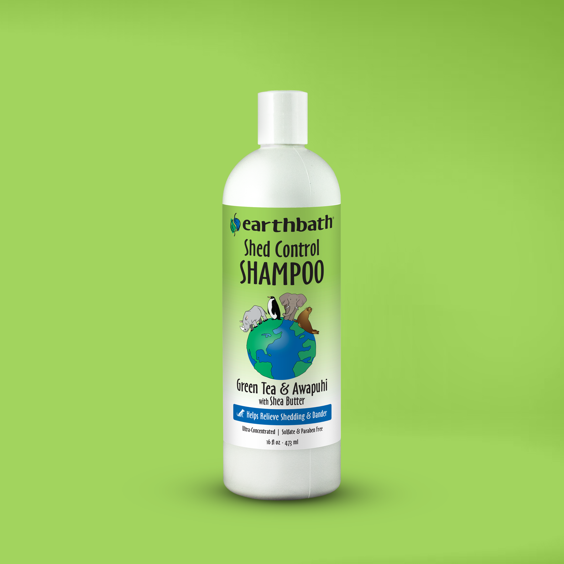 Bottle of earthbath Shed Control Shampoo on a green background