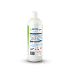 Bottle of pet care product with label on a white background