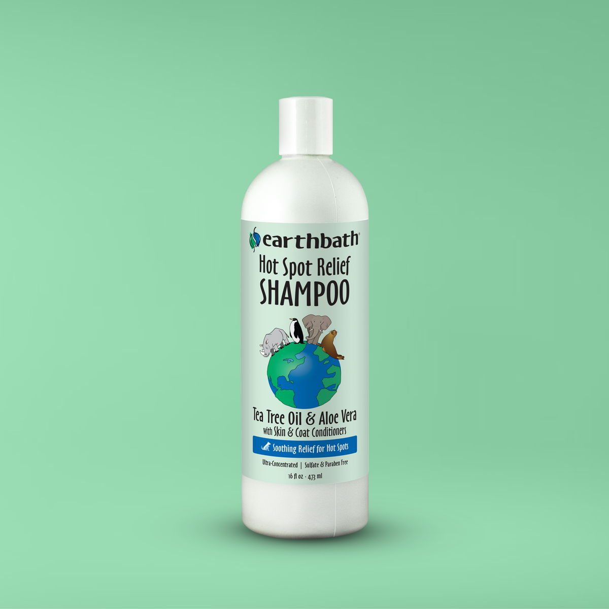 Earthbath Hot Spot Relief Shampoo bottle on a green background
