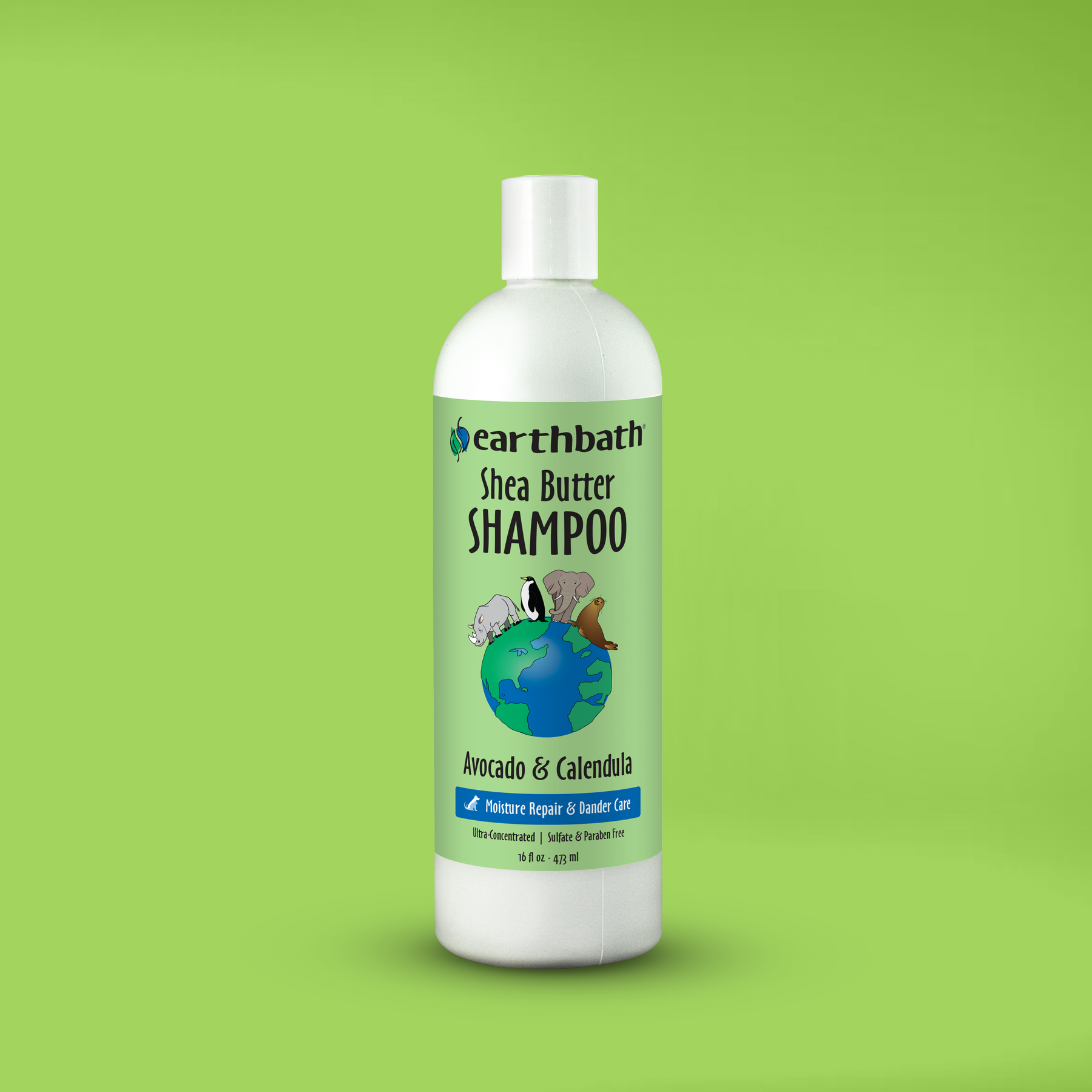 Bottle of Earthbath Shea Butter Shampoo on a green background
