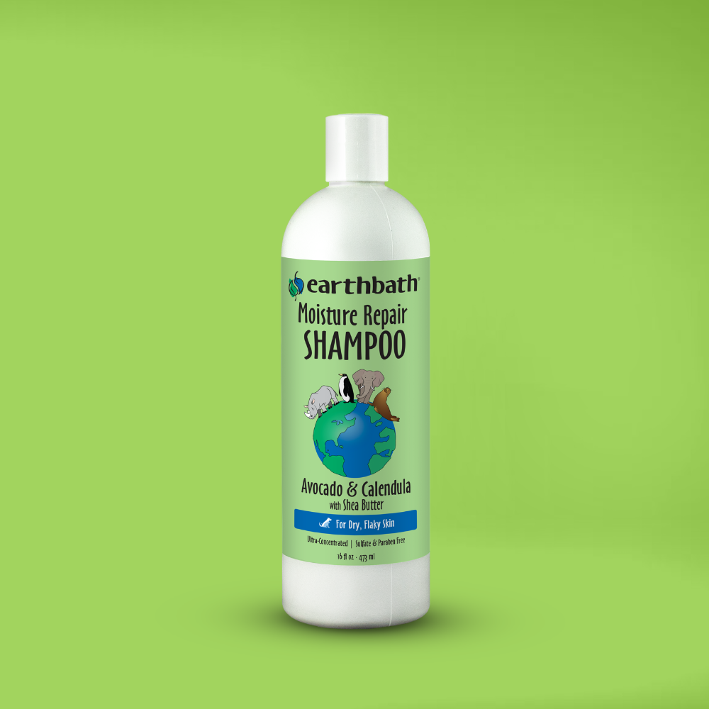 A bottle of Earthbath Moisture Repair Shampoo with Avocado & Calendula, shown on a solid light green background.