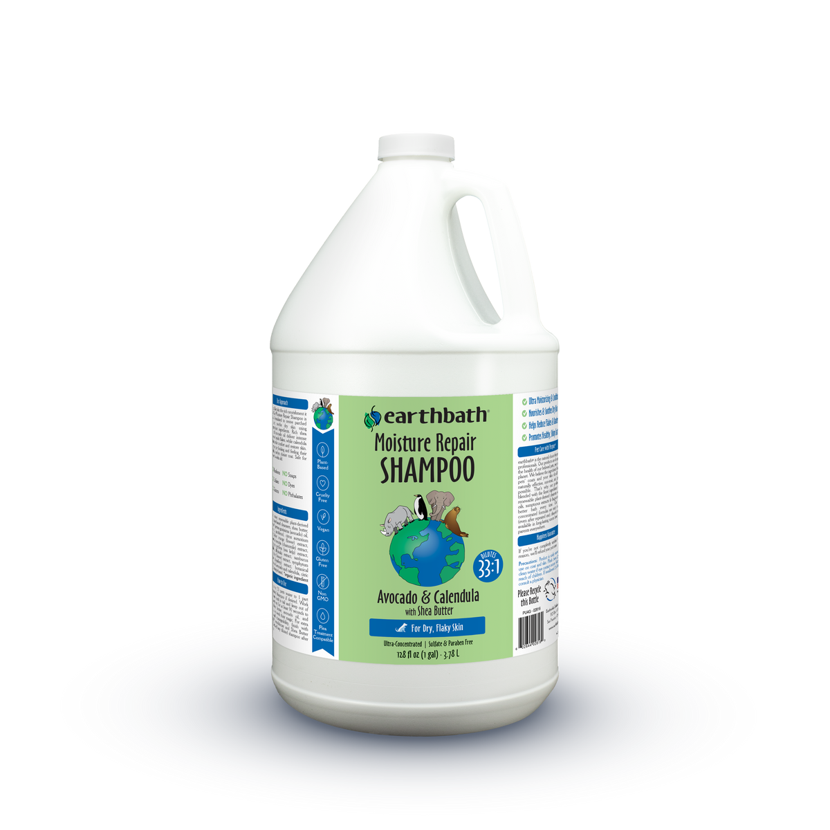 A one-gallon white plastic jug of earthbath Moisture Repair Shampoo, featuring a green and blue label with a globe graphic, set against a white background.