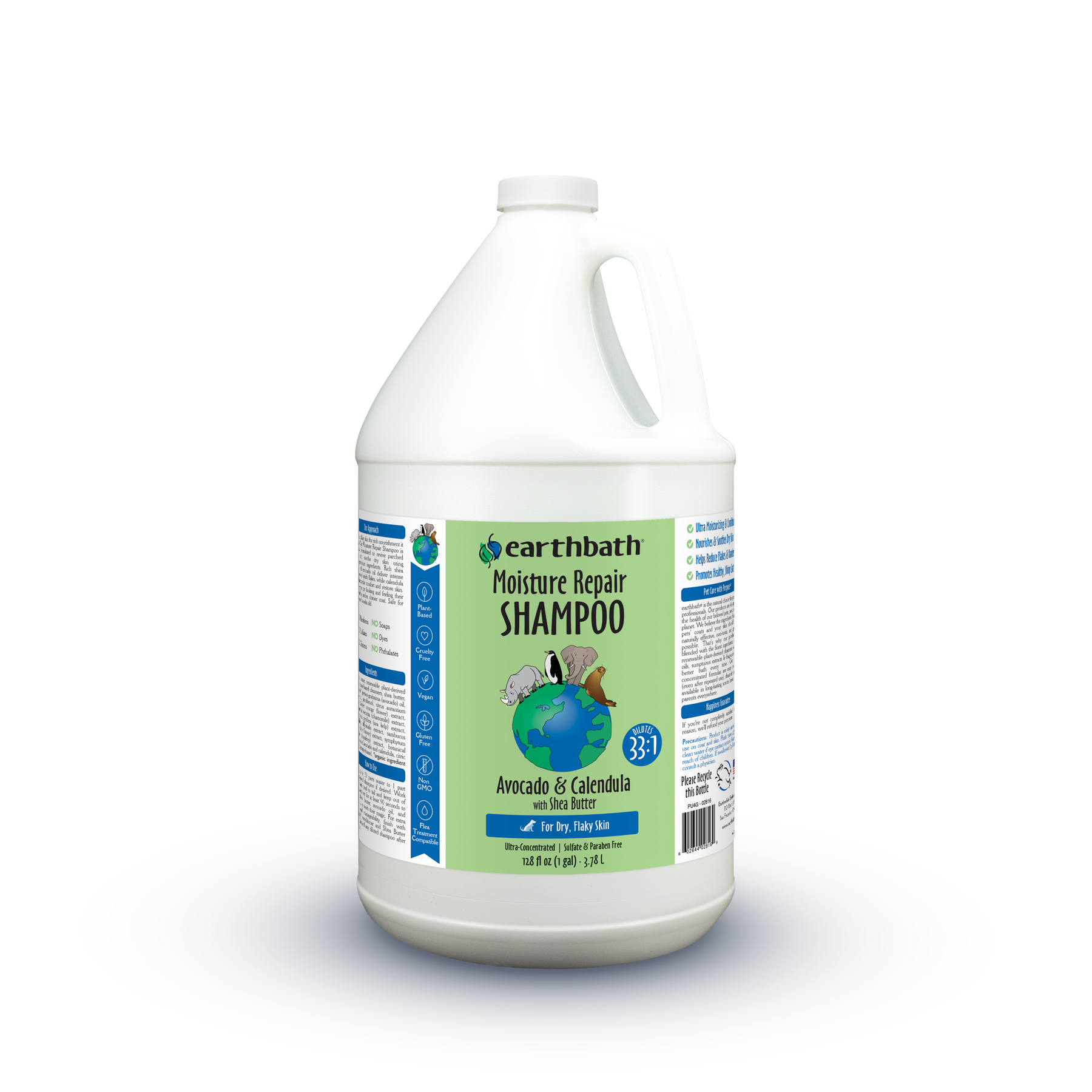 A one-gallon white plastic jug of earthbath Moisture Repair Shampoo, featuring a green and blue label with a globe graphic, set against a white background.