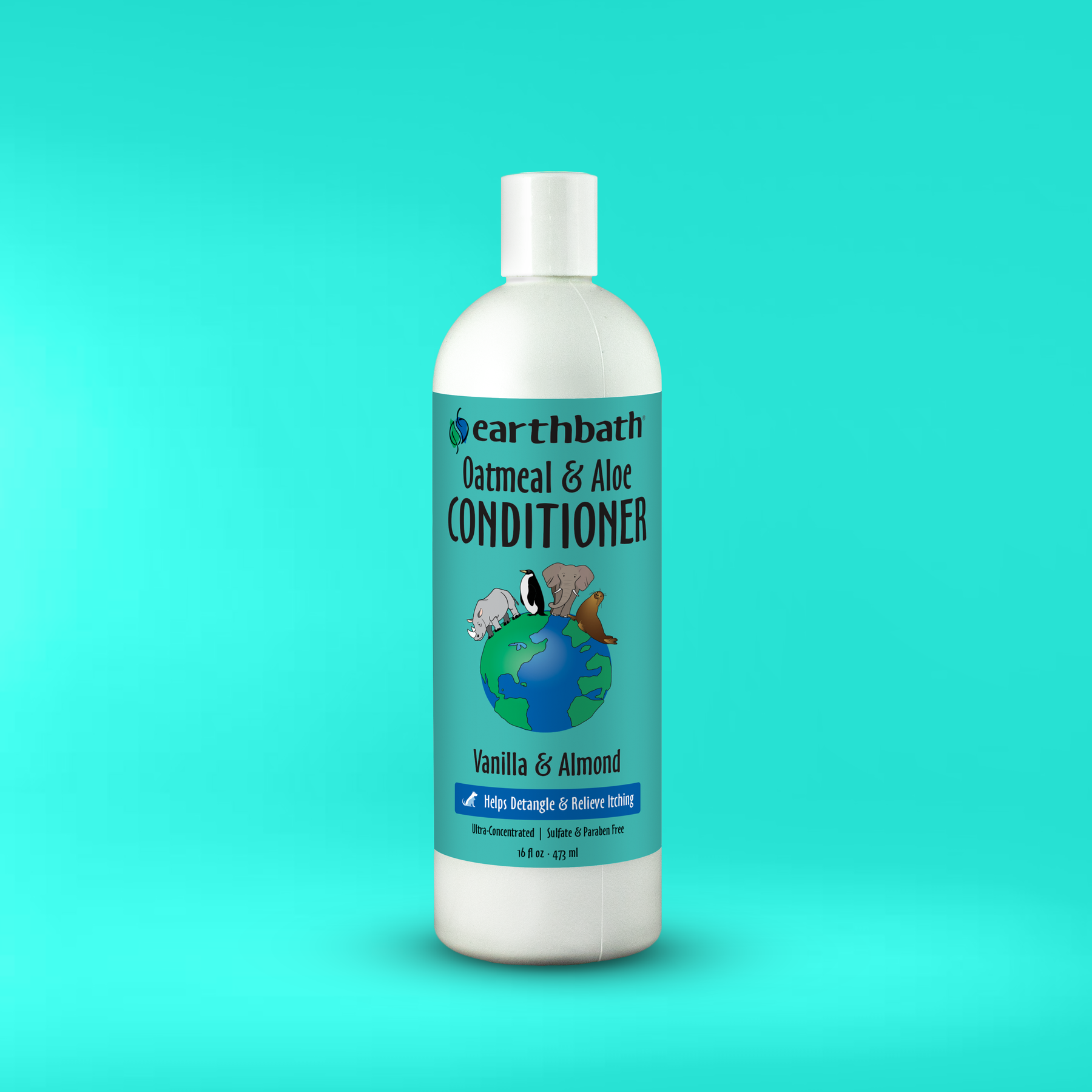Bottle of earthbath Oatmeal & Aloe Conditioner on a teal background