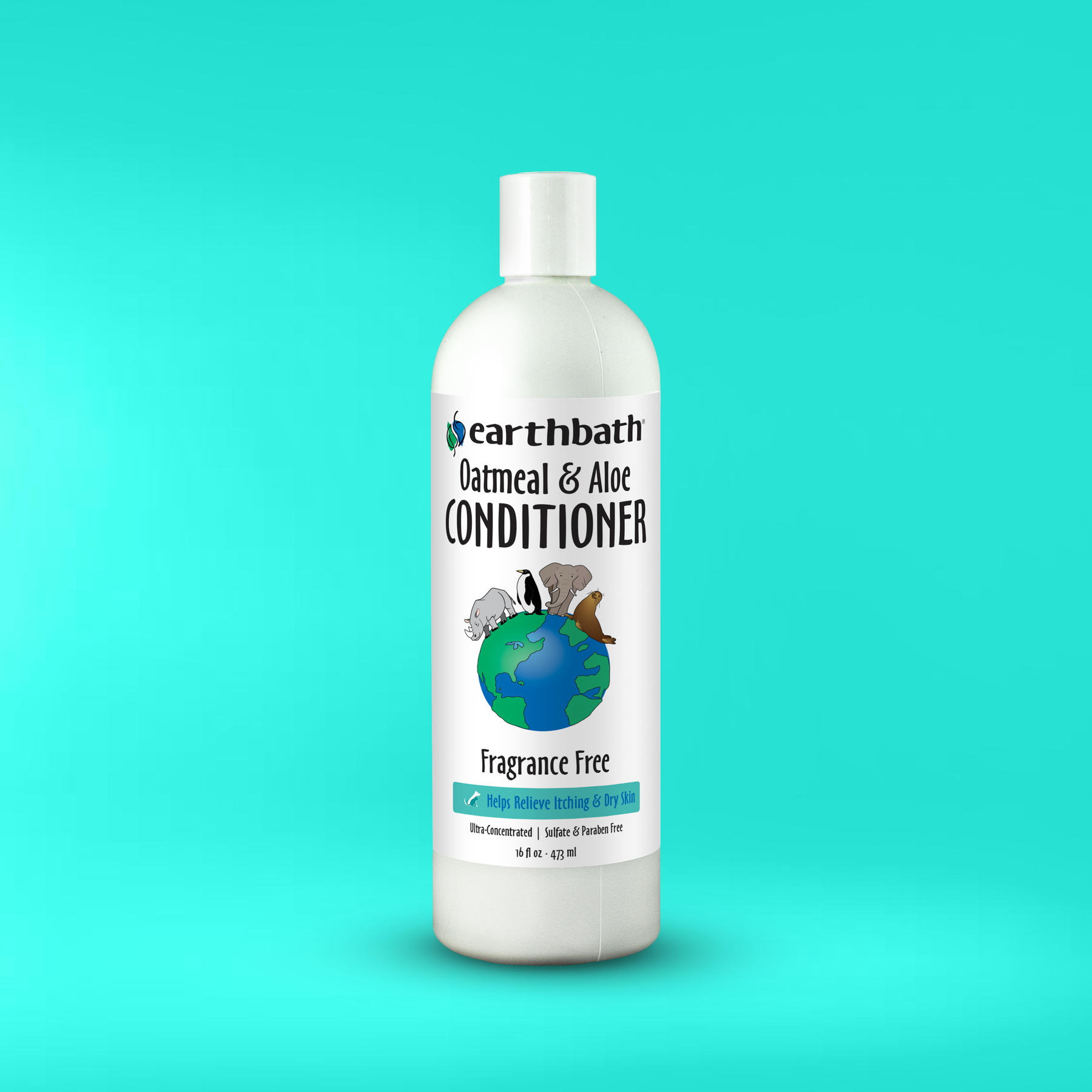 Earthbath Oatmeal & Aloe Conditioner bottle on a teal background
