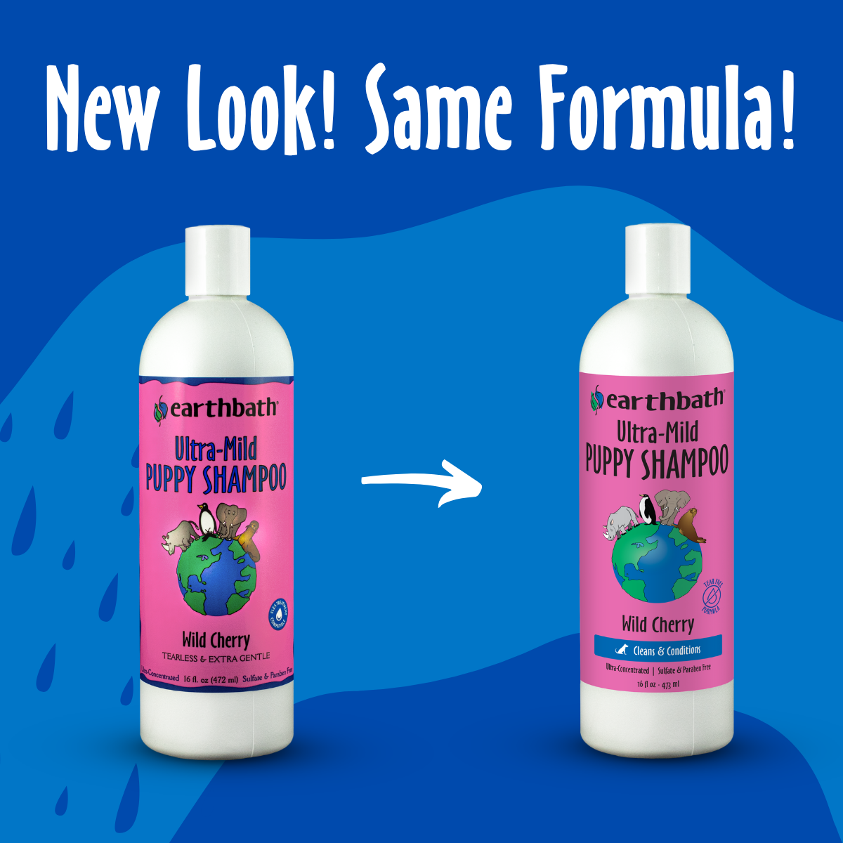 Two bottles of Earthbath Ultra-Mild Puppy Shampoo with a blue background and text 'New Look! Same Formula!'.