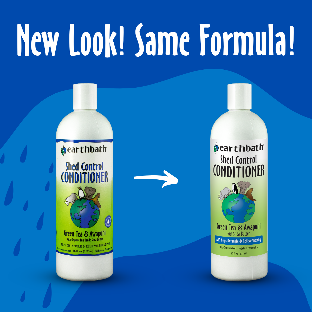 Two bottles of earthbath Shed Control Conditioner on a blue background with text 'New Look! Same Formula!'.
