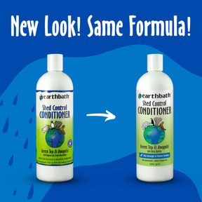Two bottles of earthbath Shed Control Conditioner on a blue background with text 'New Look! Same Formula!'.