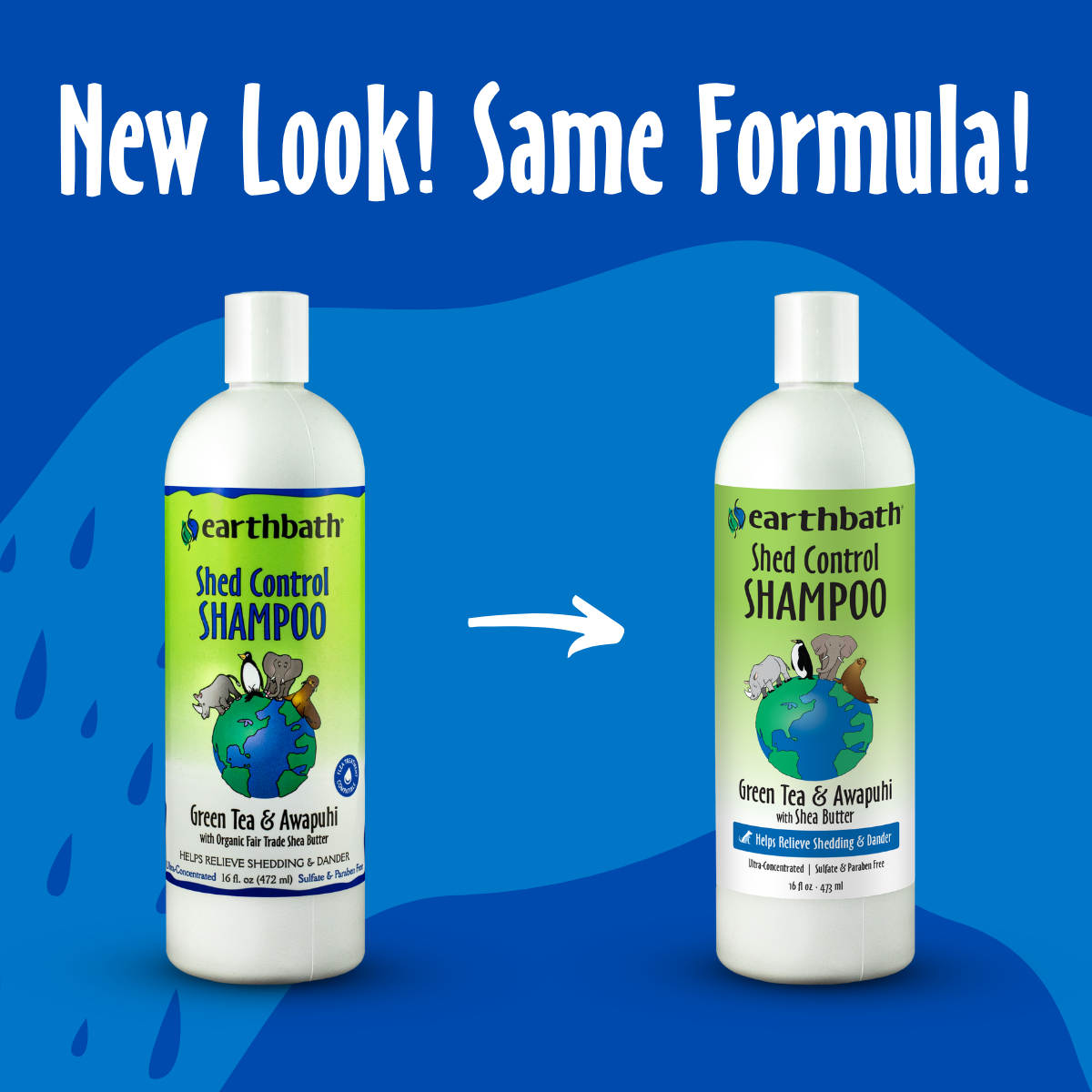 Two bottles of Earthbath Shed Control Shampoo on a blue background with text 'New Look! Same Formula!'.
