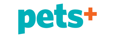 The logo for pets+ features the word 'pets' in a bold teal sans-serif font with an orange plus sign at the end, set against a plain white background.