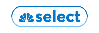 The NBC Select logo, featuring a blue peacock emblem and the word 'select' in blue inside a white rounded horizontal pill-shaped badge with a light blue outline, on a white background.
