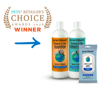 Earth bath Animal & Veg Shampoo, Animal & Veg Conditioner, and Tooth & Gum Wipes set against a white background, featuring a 'Pets + Retailer's Choice Awards 2026 Winner' badge with a blue arrow pointing to the products.