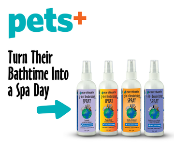 Four bottles of Dawn Tribes Self Cleansing Spray in different colors (blue, orange, yellow, purple) are shown against a white background with promotional text 'pets+' and 'Turn Their Bathtime Into a Spa Day'.