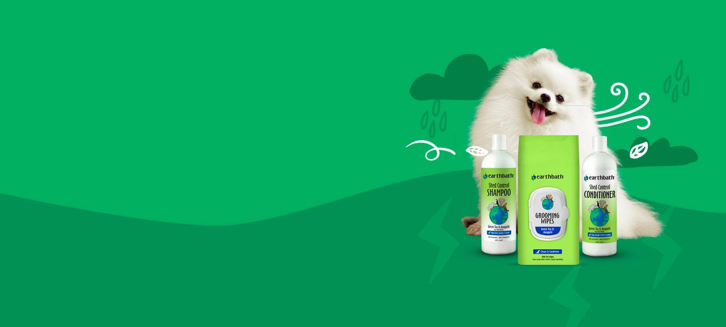 White dog with three bottles of pet shampoo on a green background